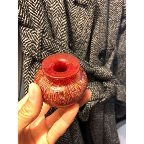 Vintage Art Glass Tiny Bud Vase Orange Red Swirl Hand Blown Glass 2" Decorative - Picture 5 of 10